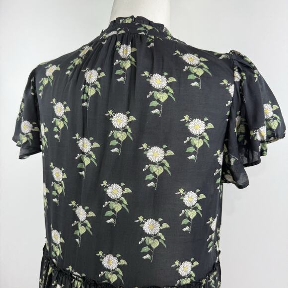 Anthropologie Black Daisy Floral Dress Small Sheer Mini V Neck Ruffle Sleeve - Picture 10 of 14